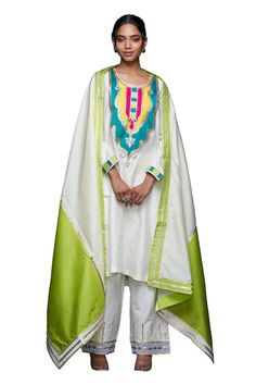 Off white cotton silk straight kurta with contrast jharokha embroidery using gota work. - Aza Fashions Kurta Women, Kurta Patterns, Kurta For Women, Gota Work, Straight Kurta, Silk Embroidery, Full Sleeves, Womens Tunics, Aza Fashion