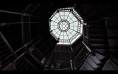 looking up at the spiral staircase in a building