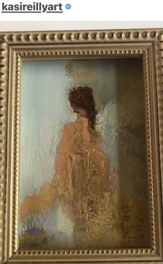 an oil painting of a woman sitting in a chair with her back to the camera