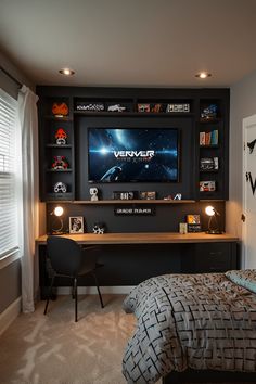 a bedroom with a large screen tv mounted to the wall