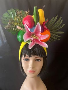 A fantastic fruity tropical turban to giveoff those tropical vibes. Decorated with artificial flowers and fruits this hat is a great addition to a summery celebration or festival. This accessory will give you a unique image at any party, wedding ceremony. photoshoots etc Handmade turban hat is made of cotton jersey knit fabric  It is stretchy, comfortable and soft, light, single side Fun Summer Party Costume Hats And Headpieces, Summer Party Novelty Costume Hats, Novelty Summer Party Costume Hats And Headpieces, Novelty Costume Hats And Headpieces For Summer Party, Fun Summer Hats For Costume Party, Summer Carnival Costume Headband, Carnival Summer Headband Costume Hat, Summer Carnival Headband Headpieces, Fun Summer Party Headpiece