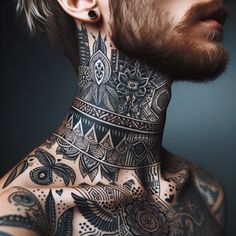 TEMPORARY TATTOOS Geometric Throat Tattoo Men, Blue Neck Tattoo, Throat Tattoo Men Design, Full Throat Tattoo Men, Throat Tattoo Men, Geometric Throat Tattoo, Back Of Neck Tattoos, Throat Tattoos, Front Neck Tattoo