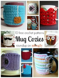 crochet coffee mug cozyies are featured in this collage