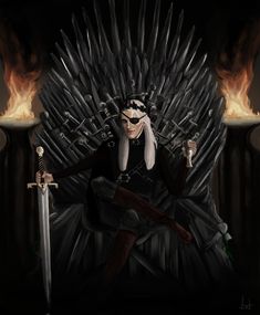 a woman sitting on the iron throne with two swords