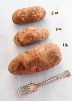 three potatoes are next to a fork and measuring tape