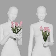 two female mannequins holding pink flowers in their hands, both facing opposite directions