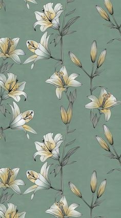 a wallpaper with white and yellow flowers on a green background