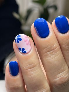 Bright Royal Blue Nails, Royal Blue And Pink Nails, Powder Blue Nails Designs, Cheer Nails, Powder Blue Nails, Royal Blue Nails, Fingernail Designs, Cute Simple Nails