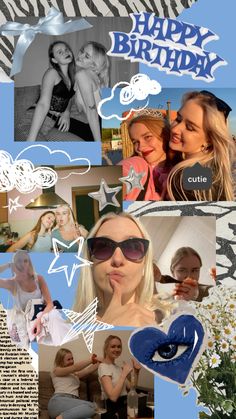 a collage of photos with the words happy birthday written in blue and white letters