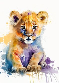 a painting of a baby lion cub sitting on the ground with watercolor splashs