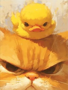 a painting of a cat with a yellow duck on top of it's head