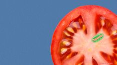 a tomato cut in half on a blue background