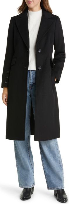 Sam Edelman Long Twill Coat | Nordstrom Chic Long Pea Coat With Button Cuffs, Long Wool Coat With Button Closure For Work, Classic Long Pea Coat With Button Closure, Classic Long Pea Coat, Chic Long Outerwear With Button Closure, Long Pea Coat For Workwear, Long Pea Coat With Button Closure, Chic Long Single-breasted Pea Coat, Chic Wool Coat With Button Cuffs And Notch Lapel