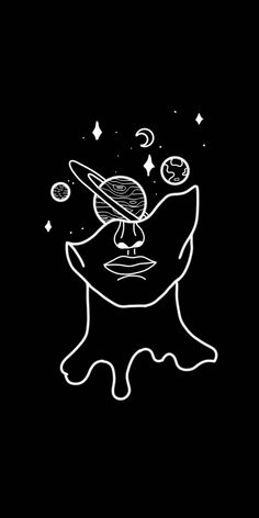 a black and white drawing of a woman's face with planets in the background