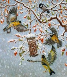 a painting of birds flying around a bird feeder on a tree branch in the snow