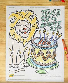 a coloring page with a lion and a birthday cake