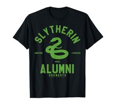 a black shirt with green lettering on it that says slytherm and the logo for hogwartts