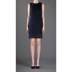 Add Some Sparkle To Your Wardrobe With This Stunning Navy Blue Michael Kors Dress! The Dress Features Gold Studs That Add An Extra Touch Of Glam To The Classic Sheath Style. The Sleeveless Dress Has A Scoop Neckline And A Zipper Closure, Making It A Versatile Piece For Any Occasion. Made Of 95% Polyester And 5% Elastane Jersey Fabric, This Dress Is Comfortable To Wear And Will Fit Like A Dream. The Knee-Length Dress Is Available In Size L And Is Suitable For Any Body Type. This Dress Is Brand Ne Chic Michael Kors Dress For Work, Chic Michael Kors Workwear Dresses, Elegant Sleeveless Michael Kors Dress, Black Velour Dress, Navy Sweater Dress, Blue Jean Dress, Mock Neck Mini Dress, Michael Kors Dress, Velour Dress