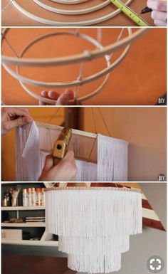 three pictures showing how to make a chandelier with fringes and wood beads