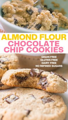 chocolate chip cookies are stacked on top of each other with the words almond flour chocolate chip cookies