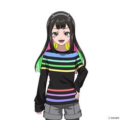 an anime character with long hair and colorful stripes on her shirt, standing in front of a