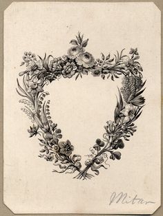 a drawing of a heart shaped wreath with flowers and leaves on it's side