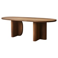 an oval wooden table with two curved legs and a circular shaped base, on a white background