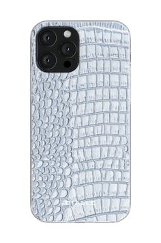 an iphone case with white alligator skin on the front and back side, showing the camera lens