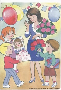 an image of a woman giving flowers to children