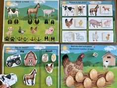 the farm animals and their eggs are shown in this game set up for kids to play