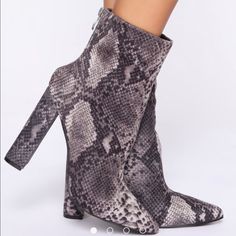 Gray & Black Snakeskin Booties Chic Gray Winter Boots, Gray Ankle Boots For Fall, Gray High Heel Boots For Party, Gray High Heel Party Boots, Trendy Gray Ankle Boots, Trendy Gray Pointed Toe Boots, Gray High Heel Winter Boots, Chic Gray Pointed Toe Boots, Black Snake Print Boots For Fall