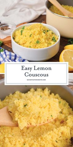 lemon couscous in a white bowl with a wooden spoon on the side next to it