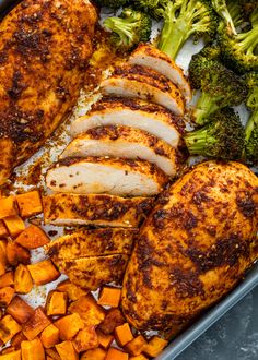 chicken, broccoli and sweet potatoes in a pan