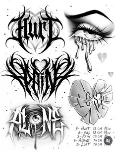 various tattoos and eyeliners are shown in black and white, with the word love written