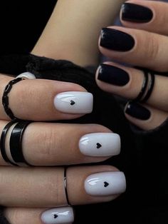 Charming Black and White Nails Designs For Girls 2023 Black And White Nail, White Gel Nails, White Nail, Short Nail Designs, Heart Nails