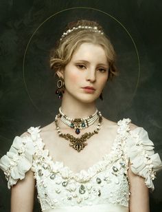 a painting of a woman wearing a tiara and necklace with pearls on her head