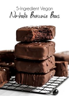 chocolate brownie bars stacked on top of each other with the words 5 ingredient vegan no - bake brownie bars