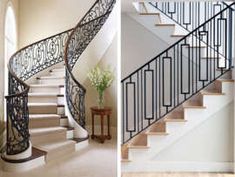 two pictures of the same staircase in different rooms, one is white and the other has black railings