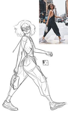 a woman walking across a street next to a drawing of a person in black and white