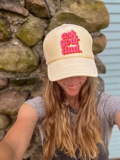 Introducing the "Go Ask Your Dad Trucker Hat" - a trendy and playful addition to our Mama Trucker Hat Collection. This beige unisex sized trucker hat is designed with the modern mom in mind, blending style, comfort, and a touch of humor. Adorned with bold pink text that playfully reads "Go Ask Your Dad," it's the perfect way to add a bit of fun to your daily wear or make a statement at your next gathering. Crafted for women who appreciate a blend of fashion and functionality, this trendy trucker Beige Cap With Letter Print, Trendy Cream Snapback Baseball Cap, Beige Snapback Hat With Letter Print, Cute White Hats For Outdoor, Beige Letter Print Cap, Trendy Cream Baseball Cap, Playful Baseball Cap With Letter Print, Playful Letter Print Baseball Cap, Cream Snapback Hat One Size