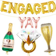 an engaged day banner with champagne, balloons and a balloon in the shape of a diamond