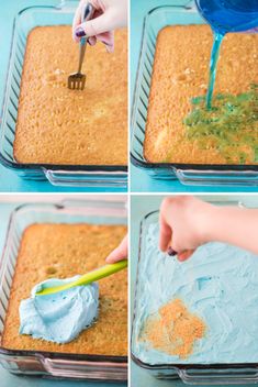 process shots showing how to make cake batter in a glass baking dish with a spatula