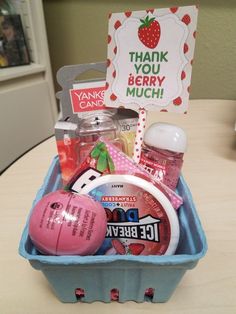 a blue container filled with lots of different items