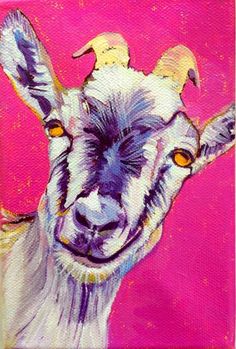 a painting of a goat with yellow eyes on a pink background by artist jane schley