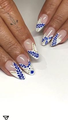 Nail Designs Europe, Porcelain Nail Designs, Greek Nail Art Goddesses, Italian Style Nails, Blue And White Greece Nails, Blue And White Tile Nails, Mamma Mia Nails Acrylic, Talavera Nail Art French Tip, Europe Inspired Nails