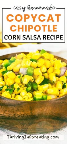 corn salsa in a wooden bowl with text overlay