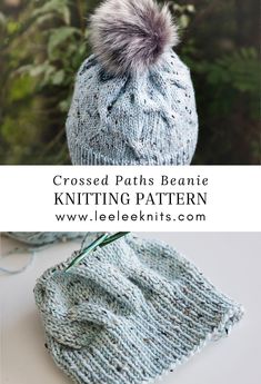 a knitted hat with a pom - pom on top and the words crossed paths beanie knitting pattern