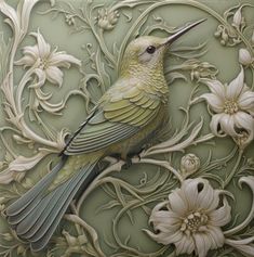 a painting of a bird sitting on a branch with flowers