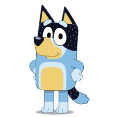 a cartoon dog is wearing a blue and yellow costume with his arms folded out to the side