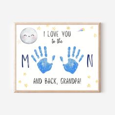 i love you to the moon and back, grandpa print with blue handprints